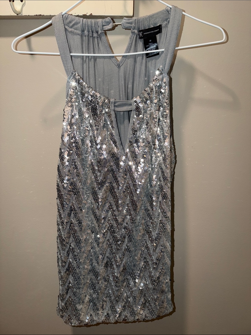 INC International Concepts Medium Silver Sequin Chevron Sleeveless Keyhole Top